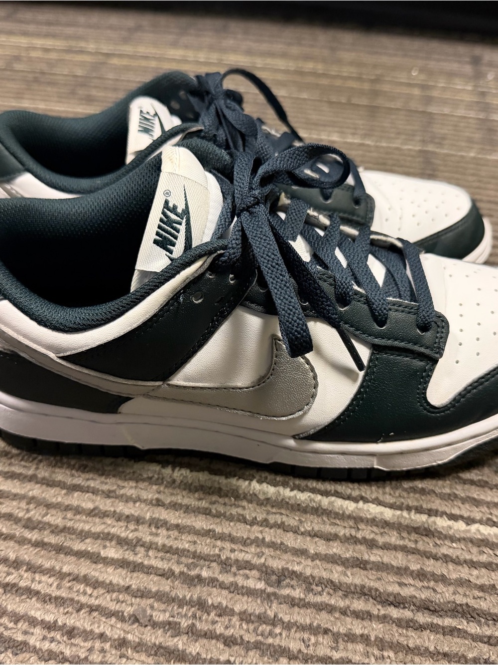 Nike Low dunk Sneakers in White and Dark Green with Silver Swoosh
